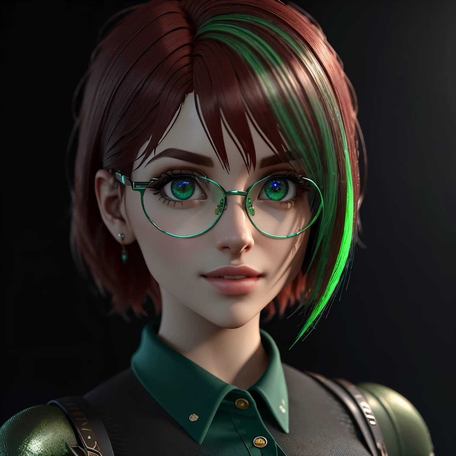 (elegance). short, Red hair, green, Shining, like glass eyes, metal frame glasses, изящное 90-60-90 тело, breast size 2, smile woman 25 years old in a green shirt-dress with blue buttons. ((photorealism. unreal engine. 3d model. Ultra high quality textures. High detail. 8k resolution))