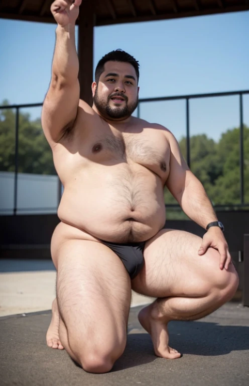 ((((Only male chubby man extremely thick thighs large belly))), obra de arte,maximum quality,day comerciant,gordo,gordo guy,Uma moreno,breve lenda,barba,oculos de sol,Eu tenho uma barriga grande exposta,The face is big,Posture of speaker gesturing with hands to the audience encouraging them,Notas voadoras,Moedas Voadoras,tesouro,luzes de holofotes, image of full body naked no clothes Only Speedo red or white or black. Volume na Virilha Menor.