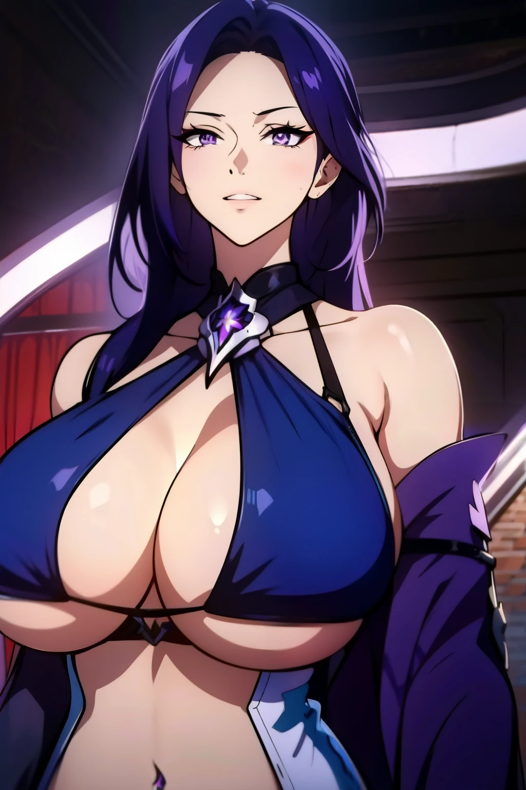 An anime-style artwork depicting acheron from the game Honkai star rail.

Tags: acheronhsr, anime, detailed eyes, detailed lips, chinese dress, black turtleneck, smiling expression, intense gaze, glowing emblem on hand, dynamic pose, mystical background, vibrant colors, digital art, high-resolution, professional quality, gigantic breasts, (underboob : 1.4), curvy, cowboy shot, (gigantic breasts: 1.4), (purple eyes: 1.4), (blue hair: 1.6), short hair