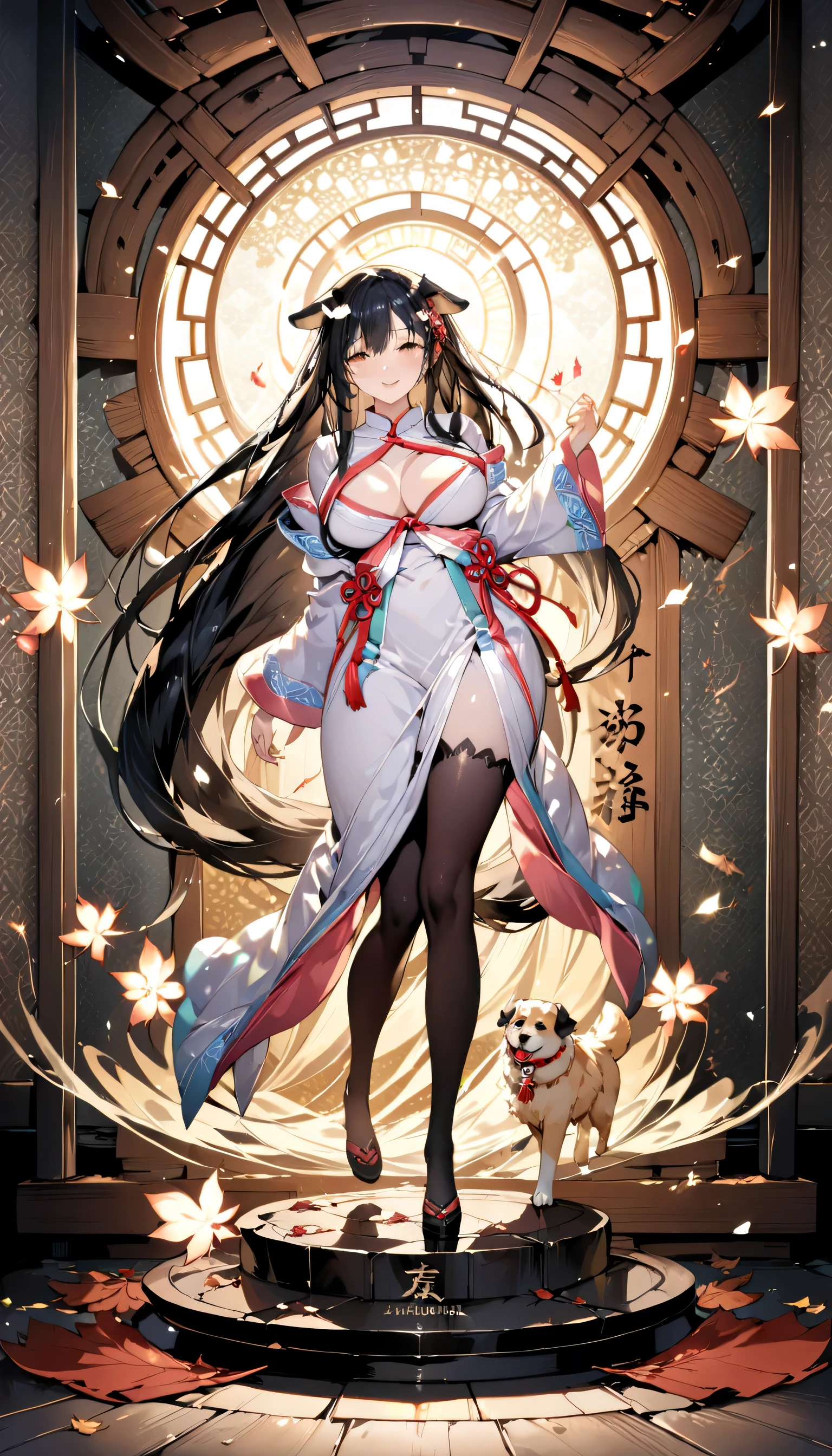 highest quality, (masterpiece:1.35), wallpaper, (figure), original, (Depth of the bounds written), (1 girl:1.35), (alone), full body, dynamic, detailed face,mature woman, adult, (old:1.3), medium breasts, interesting, Happy,shrine maiden clothes, flower trim,unusually long hair, black hair,Dog ear volume lighting, fallen leaves, Tyndall effect,