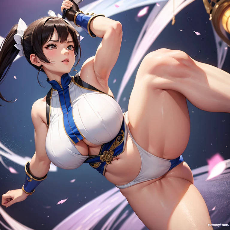 Chunli, street fighter character, classic custom, sexy, huge tits, thick body, strong thick legs, full body, perfect body, standing, 