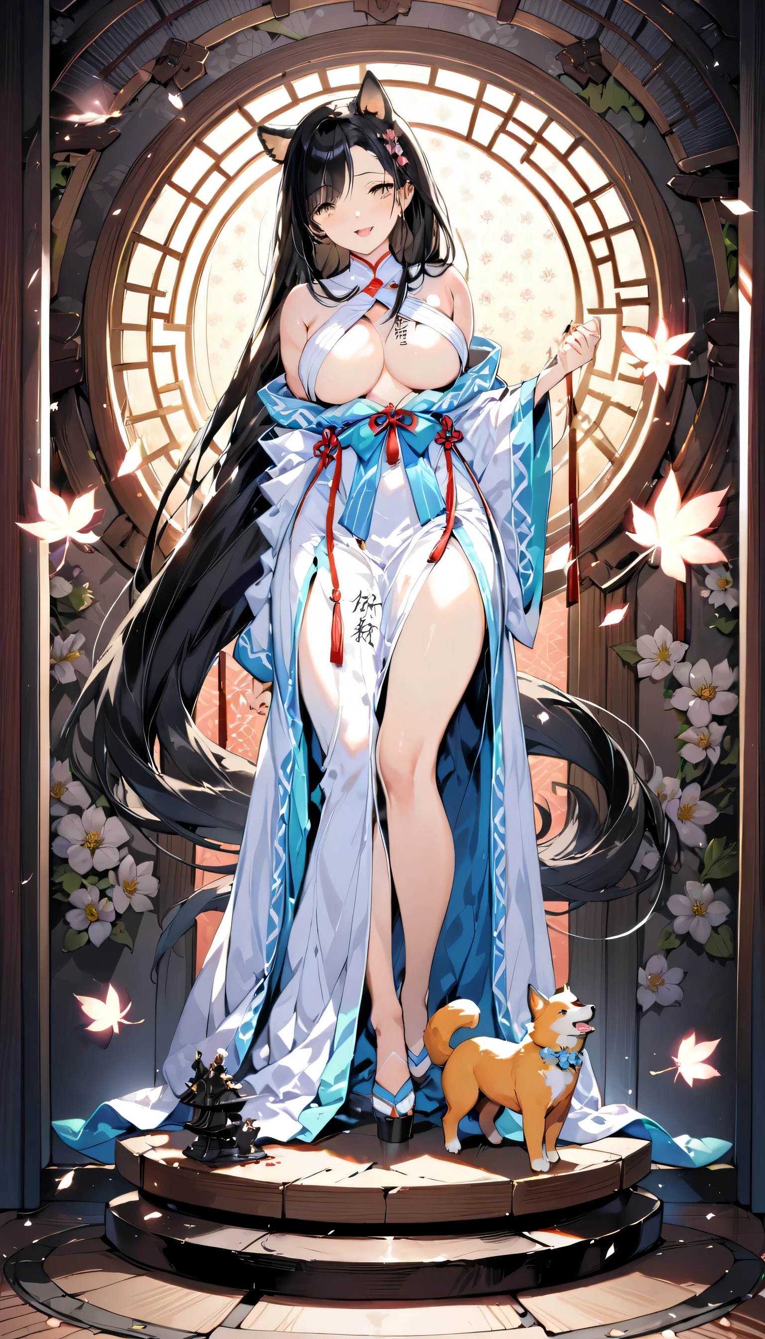 highest quality, (masterpiece:1.35), wallpaper, (figure), original, (Depth of the bounds written), (1 girl:1.35), (alone), full body, dynamic, detailed face,mature woman, adult, (old:1.3), medium breasts, interesting, Happy,shrine maiden clothes, flower trim,unusually long hair, black hair,Dog ear volume lighting, fallen leaves, Tyndall effect,