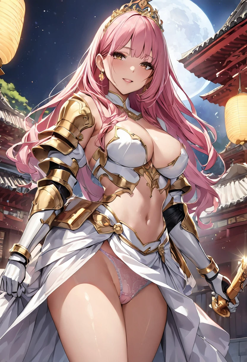NSFW, masterpiece、highest quality、ultra high resolution、maximum resolution、very detailed、professional lighting、anime、adult woman、thin、so beautiful、beautiful face、armored dress、Pink and white armor、golden decoration、luxurious tiara、Golden earrings、Frilly Armor、pink hair、Golden Eyes、Pouch on waist、female knight、Holding a dagger in each hand、white underwear、temple,