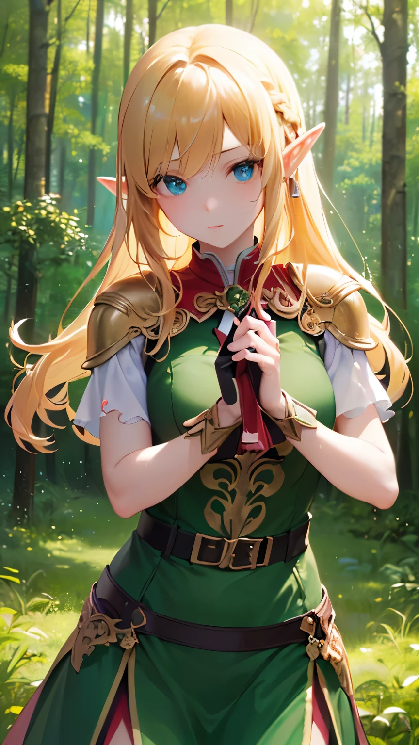 (((Best quality, 8k, Masterpiece: 1.3)), ((best quality)), ((masterpiece)), (detailed), perfect face, (An elf), appearing in a fantasy anime, blonde, long hair, green costume, equipped with shoulder pads, (rig a bow), eyes aiming at prey, concentrated, in the forest, trees, light shining through, pointy ear, beautiful lady, cowboy shot