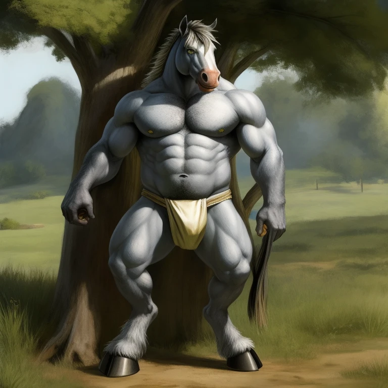 Furry, Antro, [Horse Silver] , [Fundoshi bulto Big], [Fundoshi White], Solo, [Bulto Male Big], Hooves , Detallado, cuerpo completo, cuerpo furry, Pradera verde, Gold Eyes