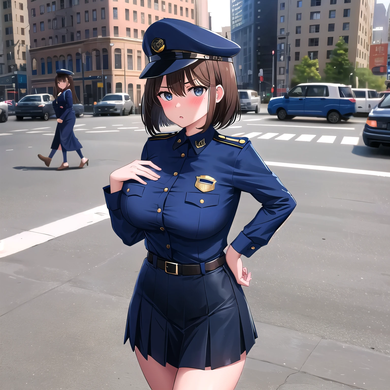 Beretta 92FS ,1 girl,Navy Blue American Police,navy blue mini skirt,Navy Blue Police Hat,serious face,brown hair,bob hair,New York City,big breasts,blush,,On Patrol,walk,diagonal,Slender,hold a pistol,open your mouth a little,