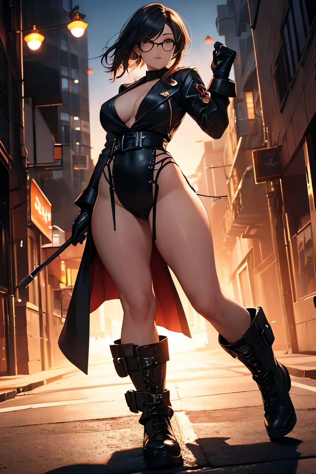 Wide angle shot, full body image, beautiful female street fighter, wearing large glasses, black undercut hair, wearing large iron gloves