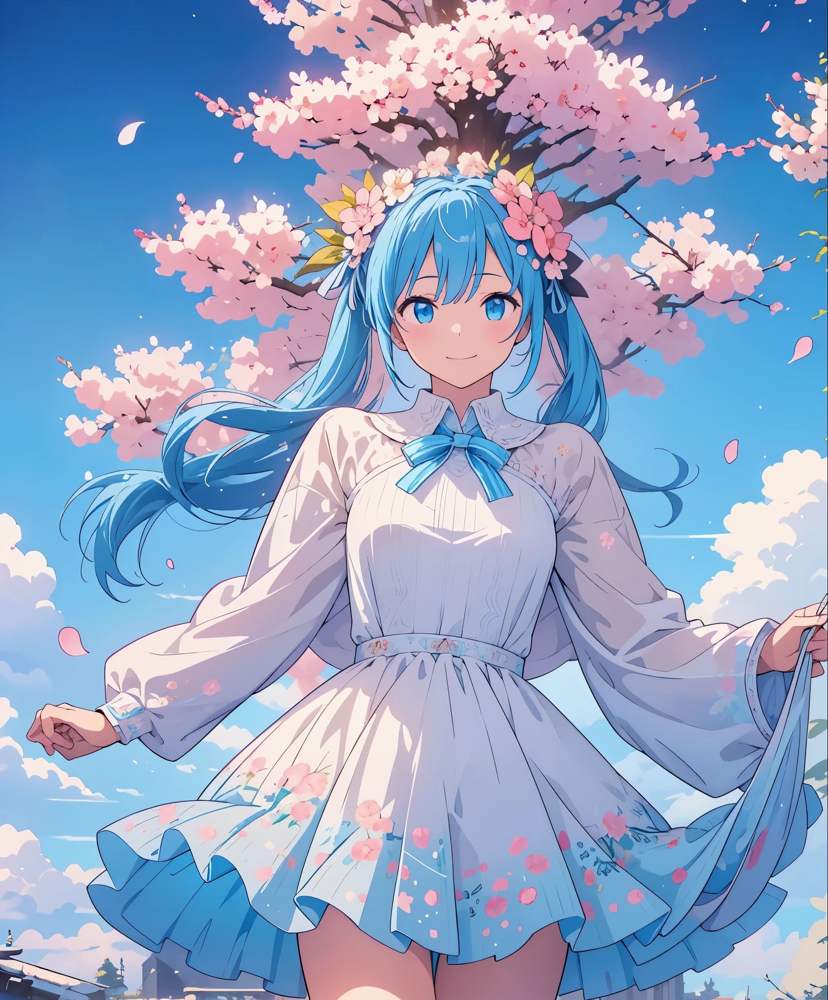 (masterpiece、highest quality、highest quality、official art、beautiful beautiful:1.2)、(1 girl:1.3)Hatsune Miku、twin tails,big breasts,(High resolution、Super detailed、nffsw、movie)、one girl、Cherry Blossom Gardenに立つ女の子、Girl around the petals、adorable smile、looking at camera、Full body Esbian、Girl with long blue hair、twin tailsの髪型、look at the camera、fantasy、cute dress、highly detailed face、highly detailed eyes、Cherry Blossom Garden、Cherry blossom petal splash art、Ultra Detailed Fields、Beautiful white starry sky、aurora、Light blue、blanche、Nebula in the sky、watercolor painting、pastel colour、 [[[[[multiple legs]]]]]