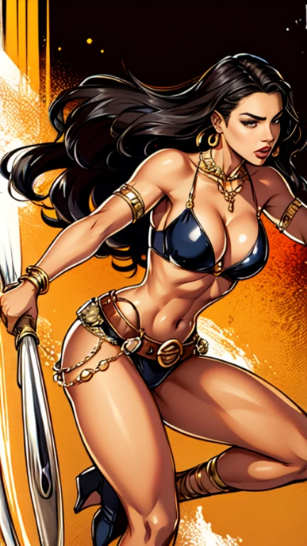1woman 30year old, solo, long hair, looking at viewer, navel, cleavage, bare shoulders, brown eyes, jewelry, medium breasts, earrings, midriff, belt, necklace, bracelet, lips, armlet, ((dynamic pose)), ((dynamic angle)),