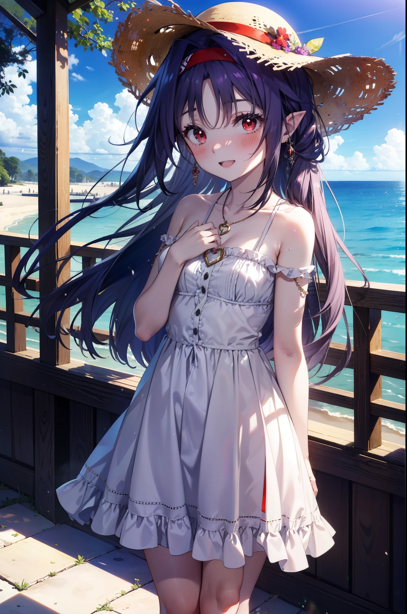 yuukikonno, Konno Yuuki, hair band, long hair, pointed ears, purple hair, (red eyes:1.5), (small breasts:1.2), smile,blush,open your mouth wide,straw hat,White long skirt integrated dress,bare shoulders,bare clavicle,Bare neck,bare arms,Cute Sandals,bend forward a little,noon,Clear skies,locket necklace,
break looking at viewer, Upper body, full body,(cowboy shot:1. 3)
break outdoors, building street,Coastal Pass,
break (masterpiece:1.2), highest quality, High resolution, unity 8k wallpaper, (figure:0.8), (detailed and beautiful eyes:1.6), highly detailed face, perfect lighting, Very detailed CG, (perfect hands, perfect anatomy),