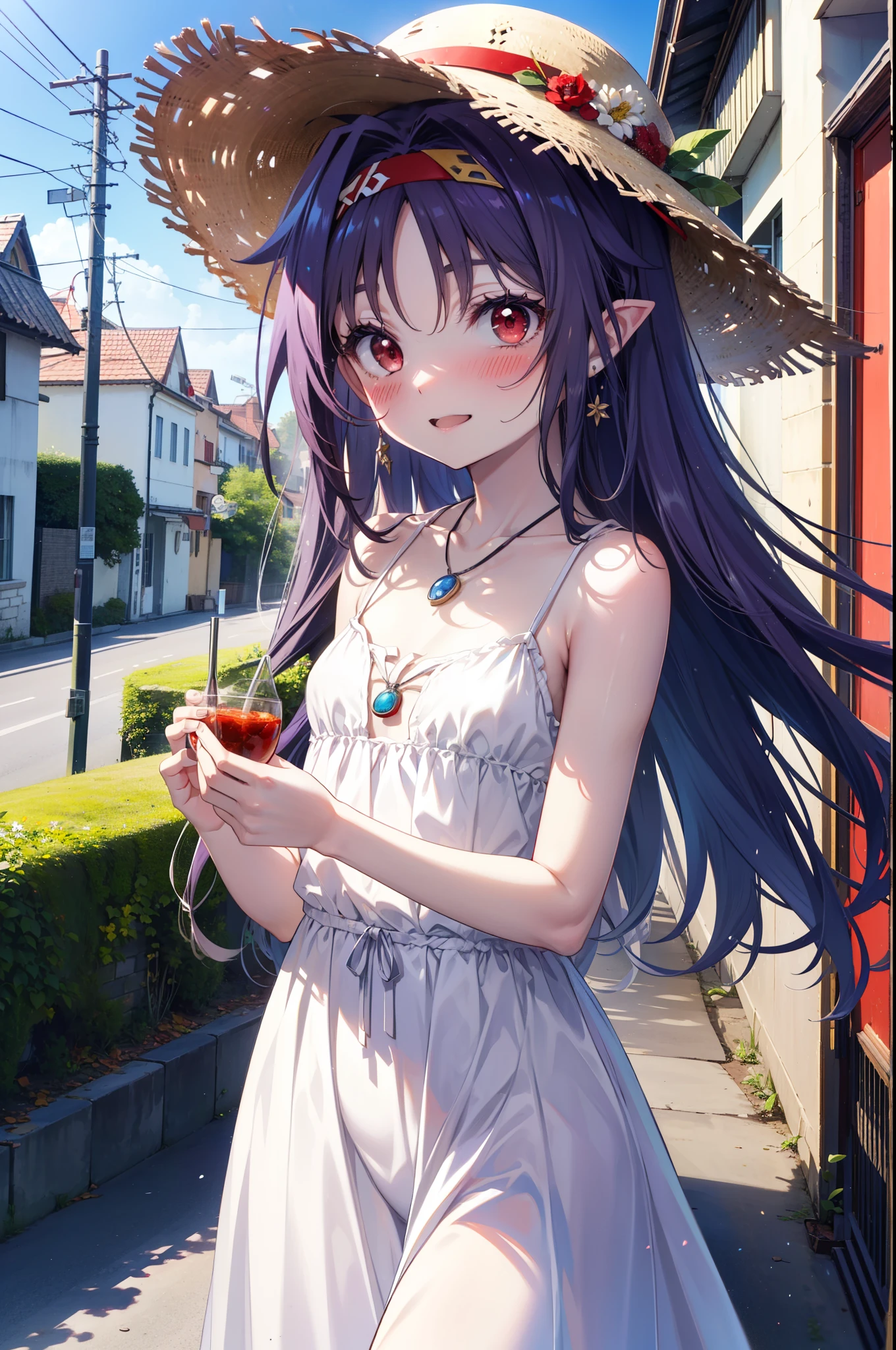 yuukikonno, Konno Yuuki, hair band, long hair, pointed ears, purple hair, (red eyes:1.5), (small breasts:1.2), smile,blush,open your mouth wide,straw hat,White long skirt integrated dress,bare shoulders,bare clavicle,Bare neck,bare arms,Cute Sandals,bend forward a little,noon,Clear skies,locket necklace,
break looking at viewer, Upper body, full body,(cowboy shot:1. 3)
break outdoors, building street,Coastal Pass,
break (masterpiece:1.2), highest quality, High resolution, unity 8k wallpaper, (figure:0.8), (detailed and beautiful eyes:1.6), highly detailed face, perfect lighting, Very detailed CG, (perfect hands, perfect anatomy),