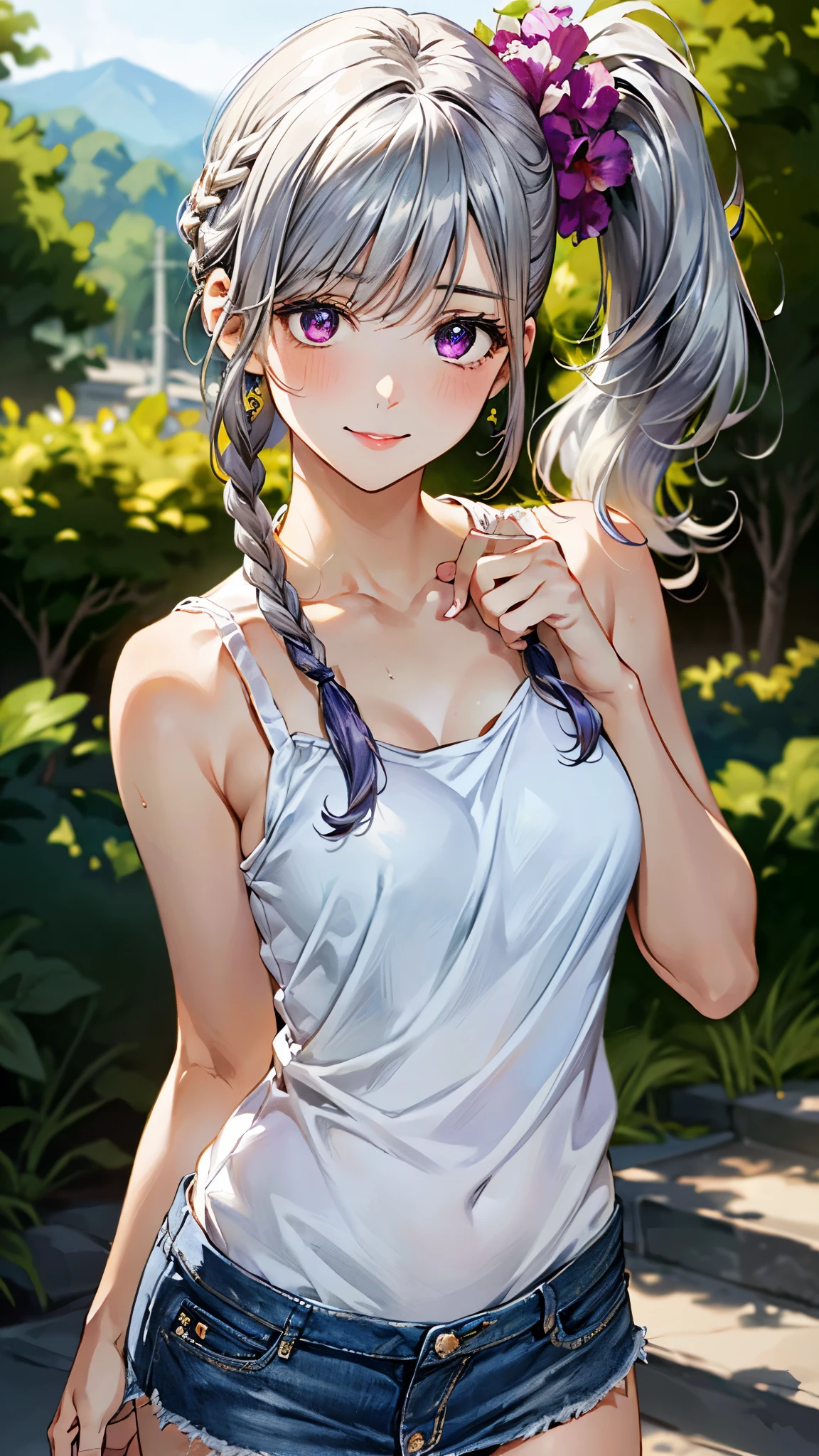 (masterpiece:1.3, top-quality, ultra high res, ultra detailed), (realistic, photorealistic:1.4), beautiful illustration, perfect lighting, natural lighting, colorful, depth of fields, surrealism,
beautiful detailed hair, beautiful detailed face, beautiful detailed eyes, beautiful clavicle, beautiful body, beautiful chest, beautiful thigh, beautiful legs, beautiful fingers,
looking at viewer, 1 girl, japanese, high school girl, (gravure idol), (perfect anatomy, anatomically correct), cute and symmetrical face, face, perfect face, perfect eyes, slender,
(medium hair:1.7, side ponytail:1.2, short twin braids, silver hair), swept bangs, purple eyes, big eyes, drooping eyes, long eye lasher, (large breasts:0.8, seductive thighs), wheat skin, suntan, shiny skin,
(((white camisole), denim mini skirt)),
(beautiful scenery), summer, evening, walking, (lovely smile, upper eyes),
