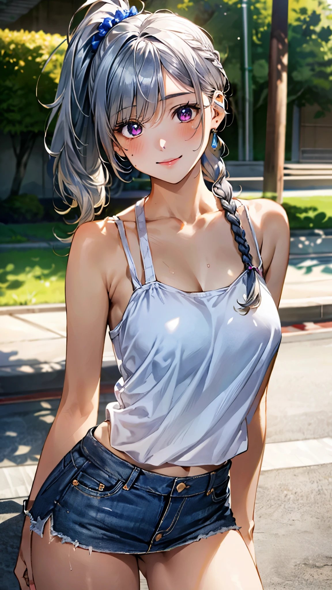 (masterpiece、Highest quality、Highest quality、Official Art、Beautiful and beautiful:1.2)、(One girl:1.3)Hatsune Miku、Twin tails,Beautiful breasts,(masterpiece:1.3, Highest quality, Ultra-high resolution, Super detailed), (Realistic, photoRealistic:1.4), Beautiful illustrations, Perfect lighting, Natural light, colorful, Depth of written boundary, Surrealism,
Beautiful detailed hair, Beautifully detailed face, Beautiful attention to detail, Beautiful clavicle, Beautiful body, Beautiful breasts, Beautiful thighs, Beautiful feet, Beautiful fingers,
View your viewers, 1 Girl, Japanese, high school girl, (Idol Sculpture), (Perfect Anatomy, Anatomically correct), Cute and symmetrical face, Baby Face, Perfect Face, Perfect Eyes, thin,
(Medium Hair:1.7, Side Ponytail:1.2, Short twin braid, Silver Hair), Swept-apart bangs, Purple eyes, Big eyes, Droopy eyes, Long eyelashes, (Large Breasts:0.8, Captivating thighs), Wheat peel, Sunburn, Shiny skin,
(((White camisole), Denim mini skirt)),
(Beautiful views), summer, evening, walking, (Cute smile, Upward glance),