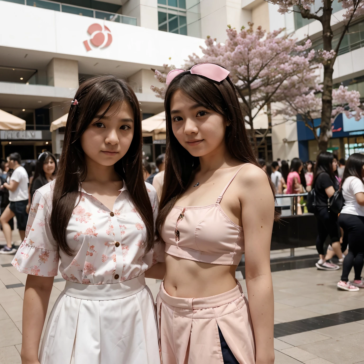 A  flat girl cosplays a feminine version of gojo saturo and takes a pic with a gojo cosplayer in the Ayala mall during the Sakura fest event at April 13 2024 shes about 4'8 in height