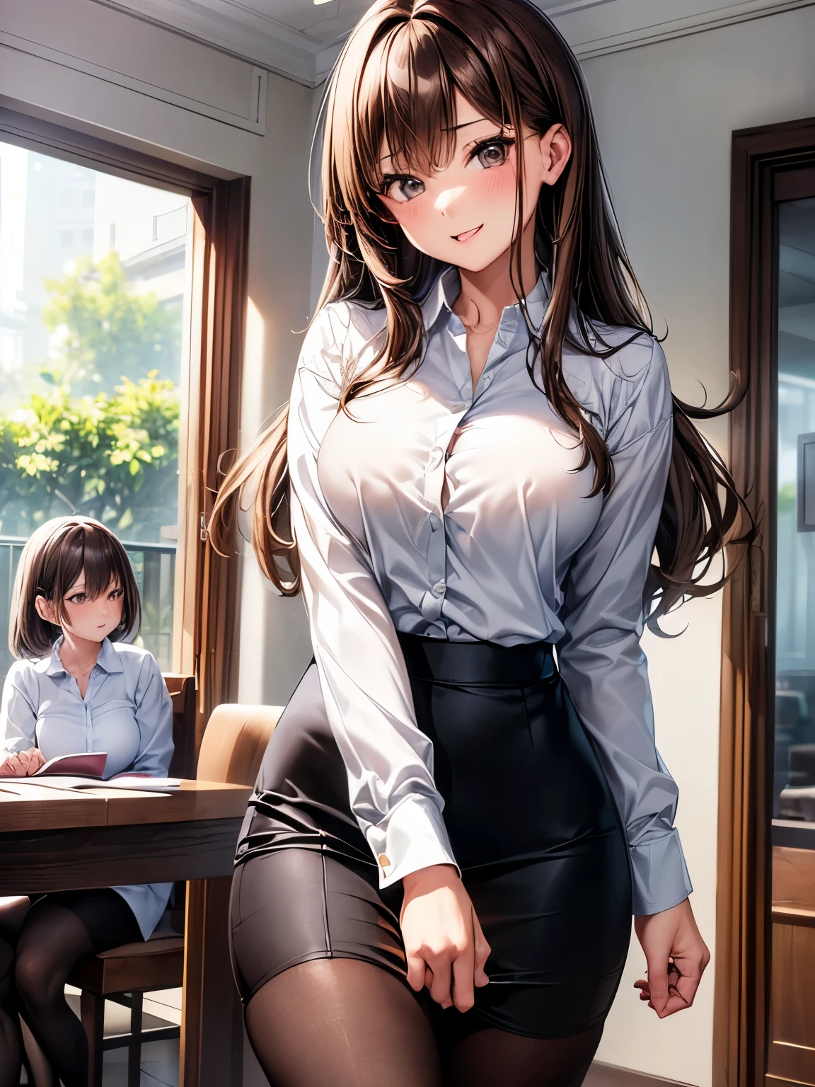 highest quality、nice sexy body、one woman、solo、((Beautiful busty woman:1.3))、((brown haired woman:1.3))、((straight hair woman))、long hair woman、Office Lady、((A woman wearing a white collared shirt:1.3))、A woman wearing a black pencil skirt、woman wearing brown pantyhose、smiling woman、garden