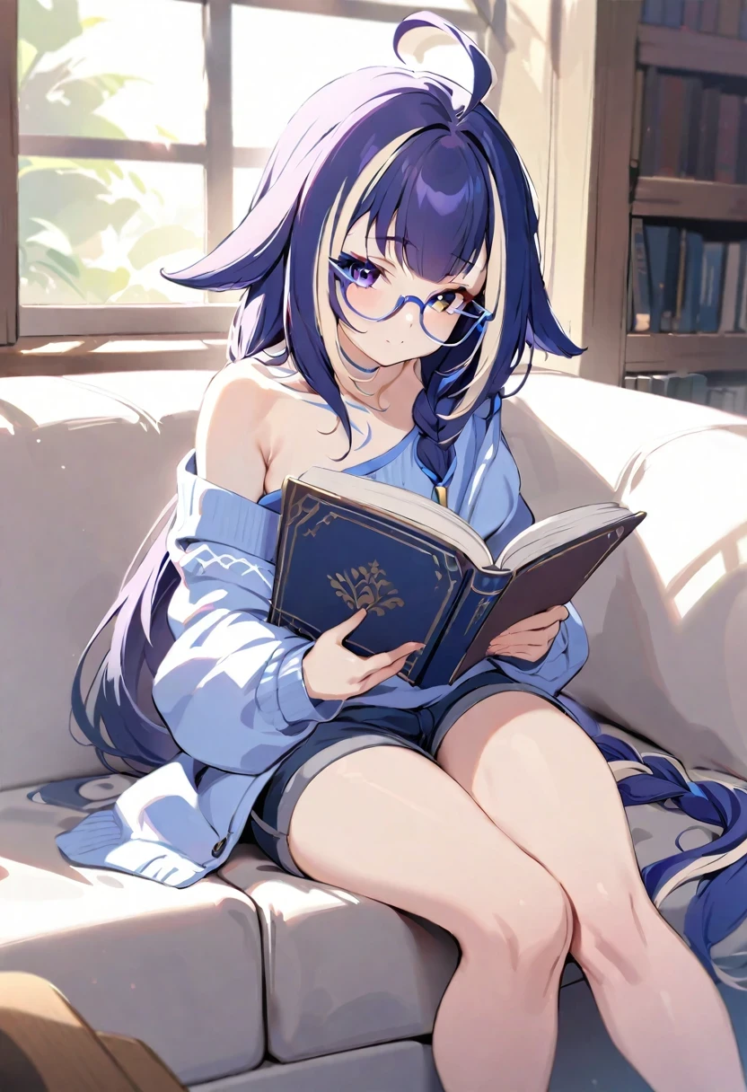 ((shylily)),(masterpiece:1.2),(best quality:1.2),1girl, solo, book,  long hair, sitting,glasses, braid, shorts, ahoge, hair ornament, off shoulder, holding, indoors, looking at viewer, thighs, sweater, bare shoulders, bookshelf, reading, long sleeves, closed mouth, holding book, long hair, hair between eyes, couch, single braid, bare legs, open book, heterochromia, braided ponytail, hairclip, collarbone,
