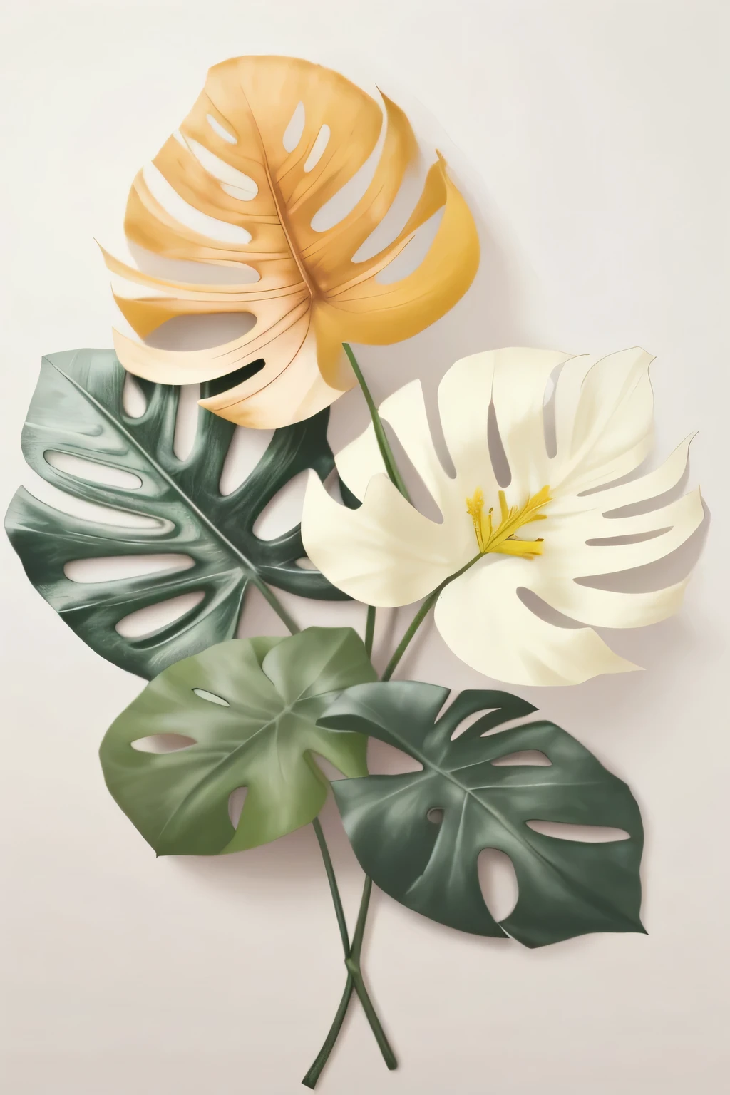 a close-up of three leaves of different colors on a white surface, folhas grandes, folhas e caules grandes, Monstro, Folhas tropicais, folhas, folhagem tropical, Monstro deliciosa, feito de folhas, folhas coloridas, flores e caules, folhas grandes, folhagens e caules, lindas plantas detalhadas, alien foliage plants, folhas, botanic foliage, Folhas coloridas, plantas detalhadas