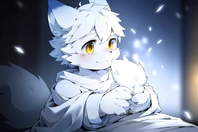 (Best image quality),(masterpiece),(((the only person))),(super detailed),(Male Arctic fox:1.5), (White skin:1.3), hairy,(white fur:1.3),((golden pupils)) ,(White ears),(hairy 动物 耳朵s),((Wearing Chinese white robe),natural lighting,complex background,Detailed face,details on face,Character focus,Detailed clothes,whole body,depth of field,lighting perfect,sharp focus,light particles,Smile,alone