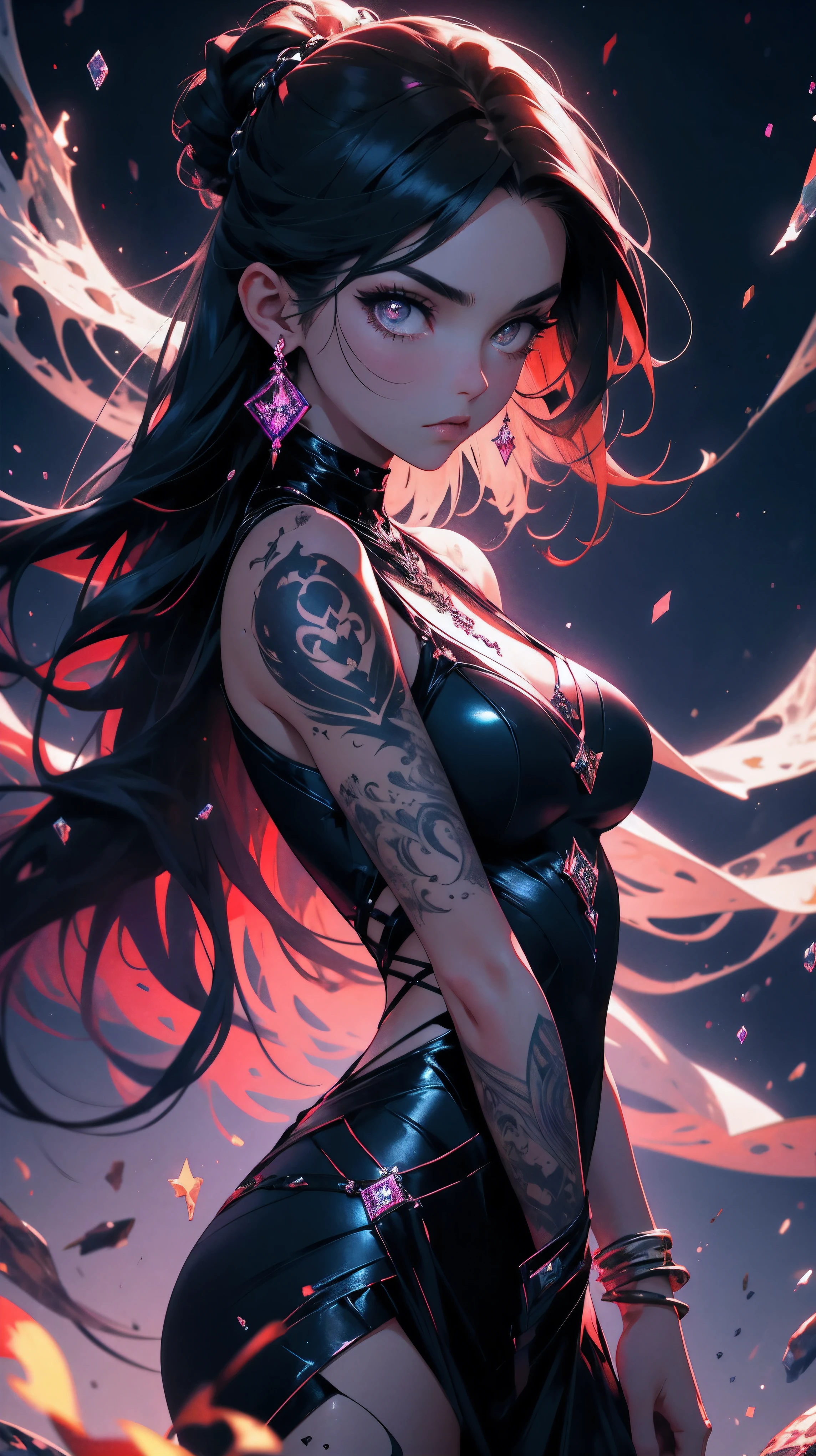 beautiful young girl with dark hair and dark eyes, her zodiac sign is Scorpio, femme fatale, scorpio tatoo, zodiac theme, mystical atmosphere, dark colors, hd, 8k