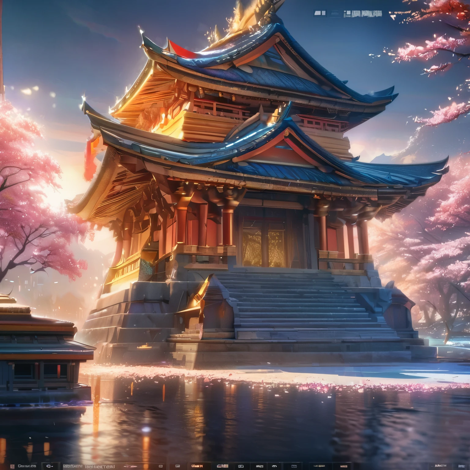 (best quality,8k,highres, masterpiece:1.2), ultra-detailed, HDR, UHD, studio lighting, ultra-fine painting, sharp focus, physically-based rendering, extreme detail description, professional, vivid colors, bokeh, portraits, concept artists, warm color palette, dramatic lighting,no humans,A temple with gold leaf pasted on the entire building stands on the water, a golden phoenix at the top of the temple, a blue sky, a blizzard of cherry blossoms,(anime style),