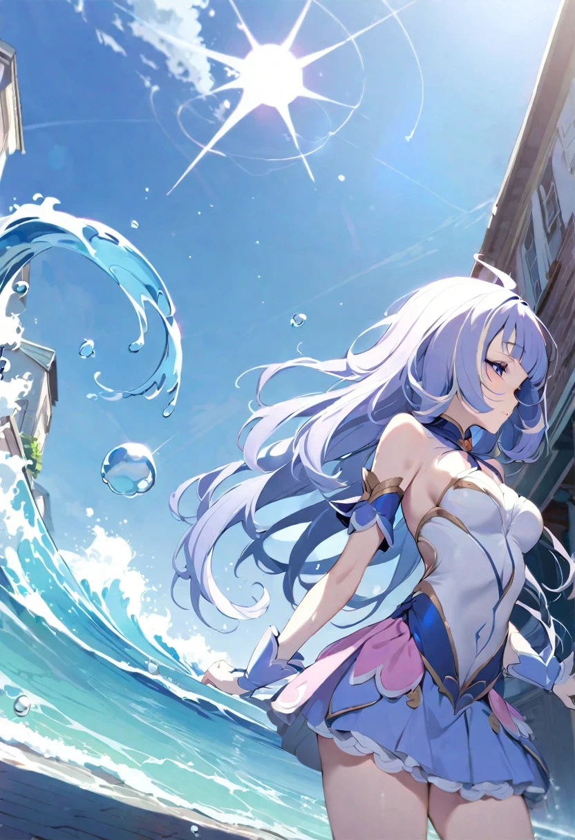 ((shylily)),(masterpiece:1.2),(best quality:1.2),(Background), masterpiece, best quality,Illustration, Wallpaper, ultra detail, absurdres, 1girl, solo, (liquid hair:1.2), beautiful detailed eyes,
bangs, cowboy shot, long hair, magical girl, waves,  water,  water drop, looking to the side, wading, 
(street:1.5),  sun, cloudy sky,