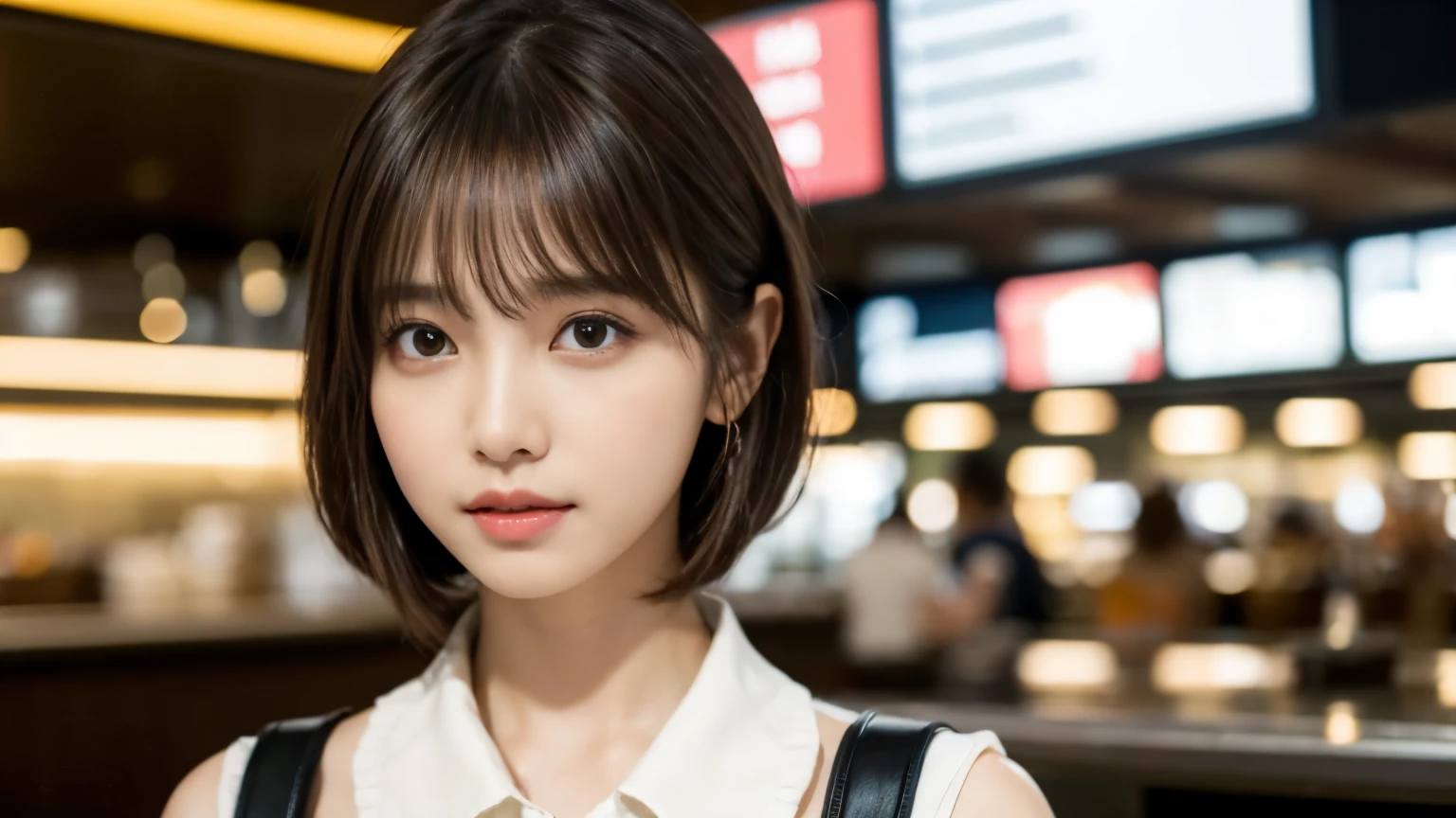 (masterpiece, Super detailed, very detailed, exquisite, 16k, confused), woman, 19 years old, glamorous, (Refreshing breeze:1.4), looking at the viewer, short hair, messy hair, diagonal bangs, brown hair, brown eyes, Upper body, cinematic lighting, Blurry background in focus, Airport Cafe, Airport Cafeでフライトを待つ, Before leaving for overseas travel