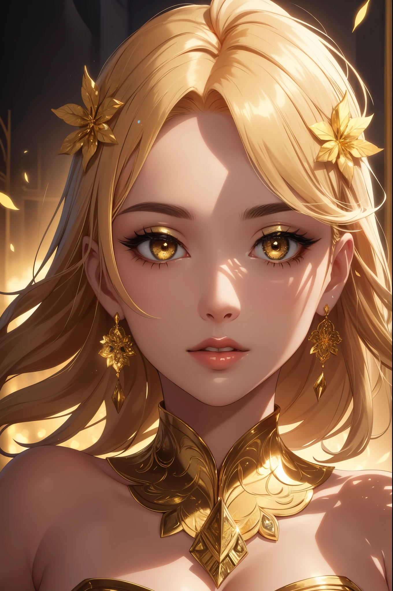 (best quality, highres, masterpiece), ultra-detailed, realistic, photorealistic, beautiful woman, golden blonde hair, golden body paint, Gold Leaf covered her body, Perfect face, Perfect body, (full details gold leaf dress, gold leaf hair ornament, gold leaf earrings), gold leaf art, shimmering skin, golden-lips, gold eyeshadows, gold eyeliners, gold makeup, elaborate designs, dazzling textures, (Clear facial features, detailed skin texture, beautiful face), golden highlights, rich and vibrant colors, detailed brushstrokes, gleaming reflections, exquisite attention to detail, luxurious metallic sheen, mesmerizing patterns, meticulous craftsmanship, iridescent flecks of gold, impressive depth and dimension, ornate motifs, opulent and extravagant, golden aura, artistic interpretation, creative composition, illuminating light and shadows, striking contrast, golden glow engulfs the scene, elegant and captivating, unique and eye-catching, fine art technique, transcendent beauty, otherworldly experience, mesmerizing and enchanting, impressive visual impact, lavish and resplendent, glorious masterpiece, celestial inspiration, ethereal and dreamlike ambiance, divine radiance, wondrous and awe-inspiring, luminous and celestial, transcendent and surreal, vivid and alluring, color palette reminiscent of the sun's golden rays, rich and warm tones, evoke a sense of opulence and grandeur, golden dust dances in the air, endless fascination and allure, (background is a work of Gold Leaf Art wall, Gold Leaf Art, gold color scheme:1.2), medium shot,
