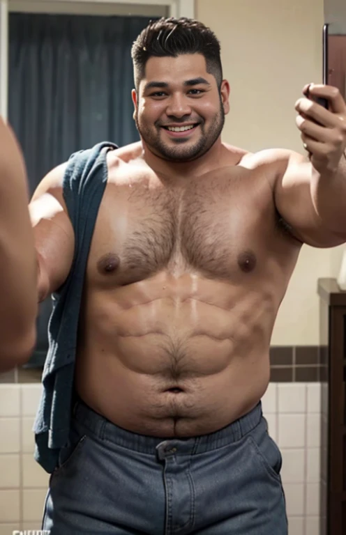 RAW photo in sequence, uma imagem de um homem com corpo muito gordo, ((selfie da parte superior e inferior do corpo, sorridente)), luzes naturais, HDR, foto realista, foto profissional, clearly visible face details, planos de fundo detalhados pouco desfocados, texturas naturalmente vividas, alta qualidade, filmic grain, Fujifilm XT3
This sequence of RAW photos depicts a very overweight man, smiling in a selfie that captures both his upper and lower body. The scene is naturally lit