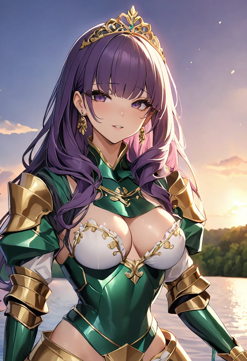 NSFW, masterpiece、highest quality、ultra high resolution、maximum resolution、very detailed、professional lighting、anime、adult woman、thin、so beautiful、beautiful face、armored dress、Emerald armor、golden decoration、luxurious tiara、Golden earrings、Frilly Armor、Purple hair、Golden Eyes、Pouch on waist、female knight、Holding a dagger in each hand、white underwear、lake