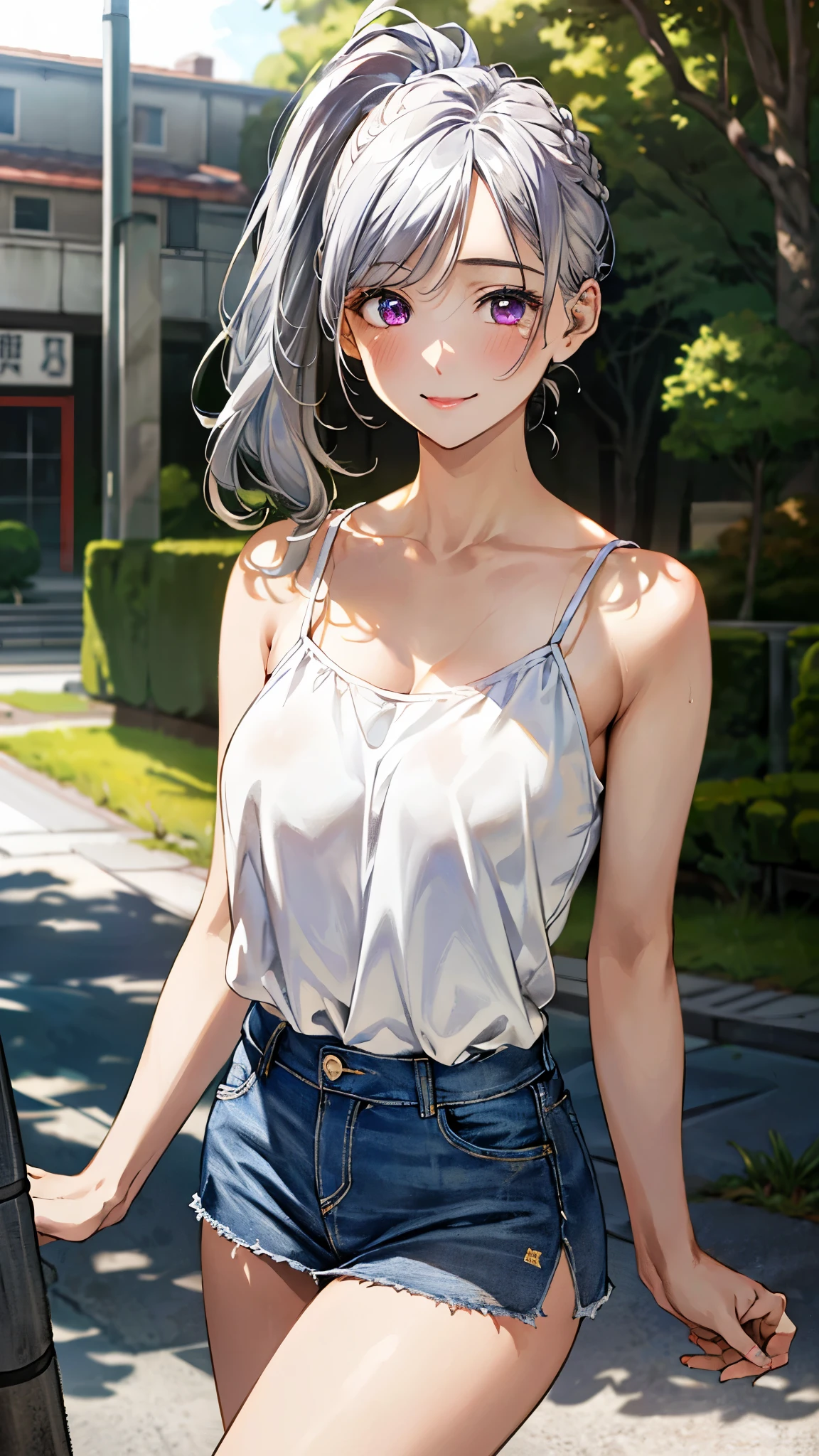 (masterpiece:1.3, top-quality, ultra high res, ultra detailed), (realistic, photorealistic:1.4), beautiful illustration, perfect lighting, natural lighting, colorful, depth of fields, surrealism,
beautiful detailed hair, beautiful detailed face, beautiful detailed eyes, beautiful clavicle, beautiful body, beautiful chest, beautiful thigh, beautiful legs, beautiful fingers,
looking at viewer, 1 girl, japanese, high school girl, (gravure idol), (perfect anatomy, anatomically correct), cute and symmetrical face, babyface, perfect face, perfect eyes, slender,
(medium hair:1.7, side ponytail, short twin braids, silver hair), swept bangs, purple eyes, big eyes, drooping eyes, long eye lasher, (large breasts:0.8, seductive thighs), wheat skin, suntan, shiny skin,
(((white camisole), denim mini skirt)),
(beautiful scenery), summer, evening, walking, (lovely smile, upper eyes),