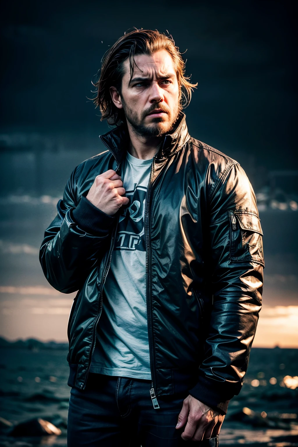 Cinematic, high resolution, Masterpiece: 1.3), Angry man finds out he got cheated on by his wife, Masterpiece, Intense expression, Realistic, 1man, deep-set eyes, furrowed brows, clenched jaw, disheveled hair, stormy weather, grungy background, dramatic shadows, volumetric lighting, rain, fine details, wrinkles, realistic fabric, torn clothes, expressions of betrayal, fist clenched, exuding raw emotion, close-up view.