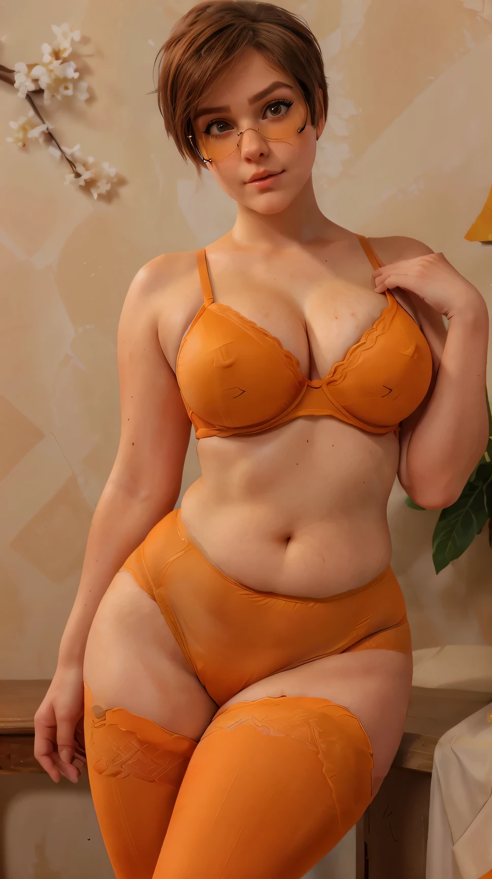 ((masterpiece)), ((photorealistic)), ((8k wallpaper)) , ((best quality)), ((perfect quality)), solo, (detailed eyes), (solo), girl, Tracer, short hair, brown hair, pose : ( shy pose, arm on belly), very beautiful, face : ( very beautiful face, (orange glasses), plump face, plump cheeks, round face, (perfect face), (makeup), big eyes, 20 years old, cute face, young ) , figure: ( very full body, (thicc), (very curvy), very soft, big breasts, (sexy curves), sexy, (a bit chubby), (a bit chubby belly), love handles, (wide waist), big deep navel, muffin top, thunder thighs) , clothes : (tight orange lingerie, tight orange tights), camel toe