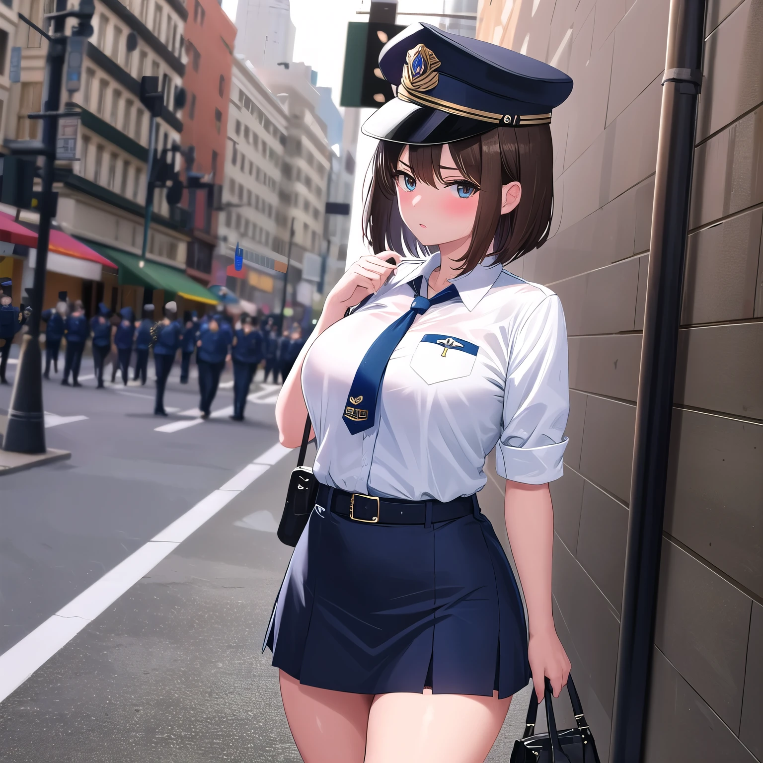 Beretta 92FS ,1 girl,Navy Blue American Police,navy blue mini skirt,Navy Blue Police Hat,serious face,brown hair,bob hair,New York City,big breasts,blush,,On Patrol,walk,diagonal,Slender,hold a pistol,open your mouth a little,have a pistol