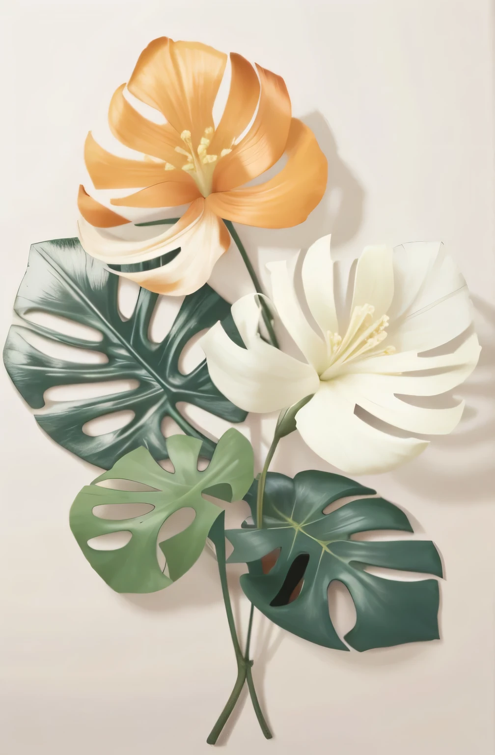 flor de hibisco florescendo em um galho retorcido contra um fundo cinza, fundo simples, no estilo laranja claro e bege claro, imagens minimalistas, photographic installations, paleocore, verde e carmesim, hiper-realista, poetic intimacy