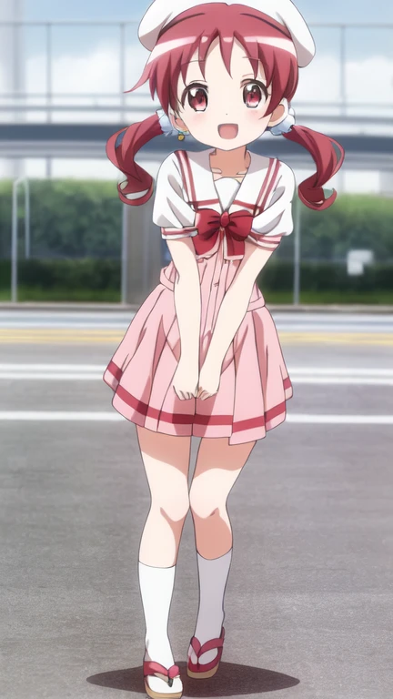 natsu megumi, 8K, masterpiece, disorganized, anime,(Cute summer clothes)white beret,Chibi,beautiful hair, beautiful face, fine and beautiful eyes, beautiful clavicle, beautiful body, beautiful feet, beautiful fingers, (beautiful scenery), Are standing, (smile, open your mouth),watching the audience,
