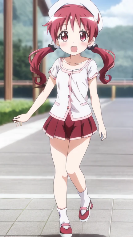 natsu megumi, 8K, masterpiece, disorganized, anime,(Cute summer clothes)white beret,Chibi,beautiful hair, beautiful face, fine and beautiful eyes, beautiful clavicle, beautiful body, beautiful feet, beautiful fingers, (beautiful scenery), Are standing, (smile, open your mouth),watching the audience,