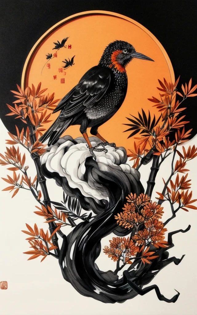 shukezouma, shuimobysim, ((starling)), willow branches, (masterpiece, best quality: 1.2), ((Traditional Chinese ink painting)), model style, bamboo branches, bamboo, wuchangshuo, red, orange, black, fire, starling, bird