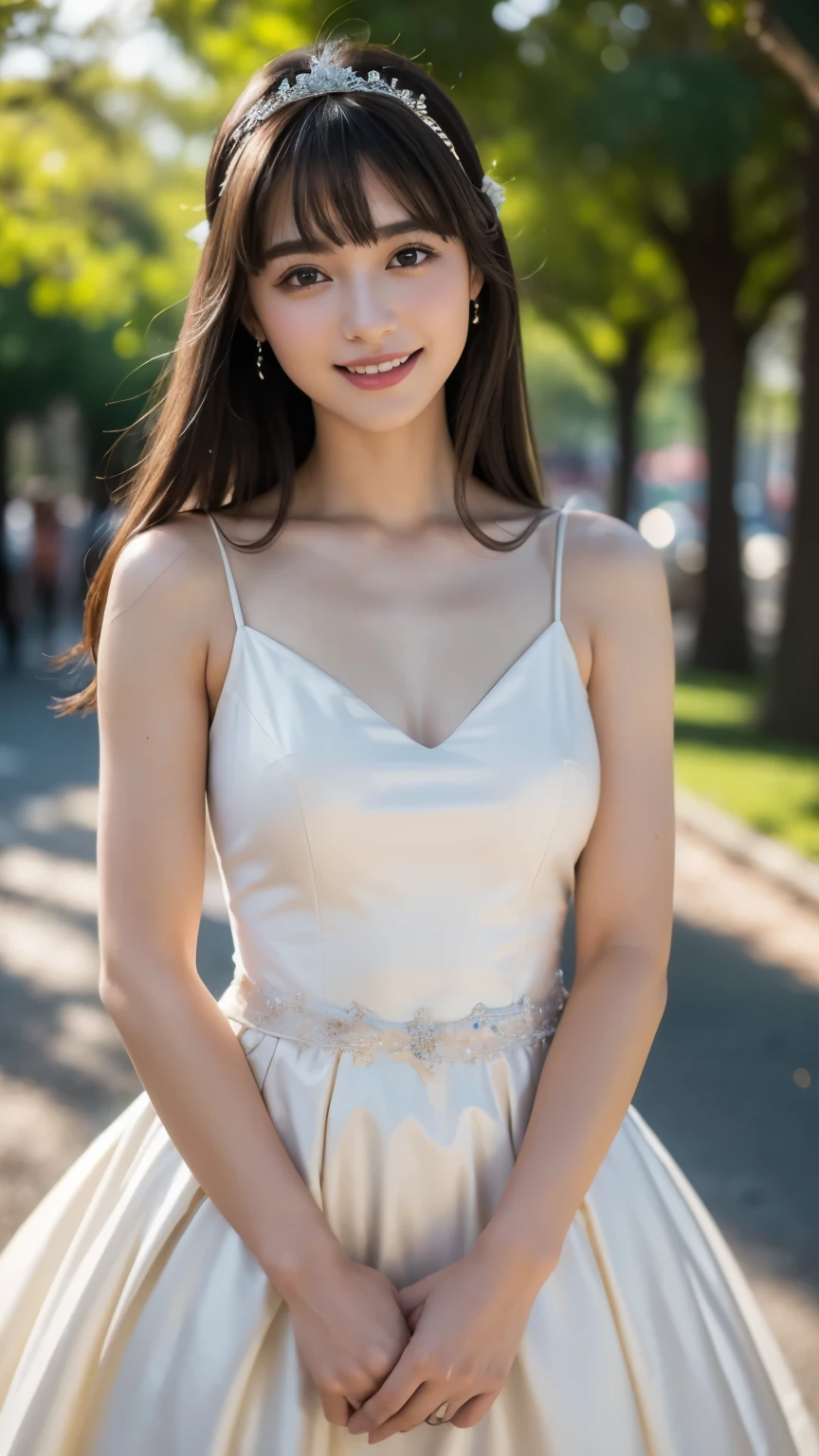 (highest quality,masterpiece:1.3,ultra high resolution),(Super detailed,caustics),(realistic:1.4,RAW shooting),(Vibrant color saturation),1 girl,20-year-old,flat bangs、smiling、Blurred background,dress、light up、Princess-like、Noble、Bride-like