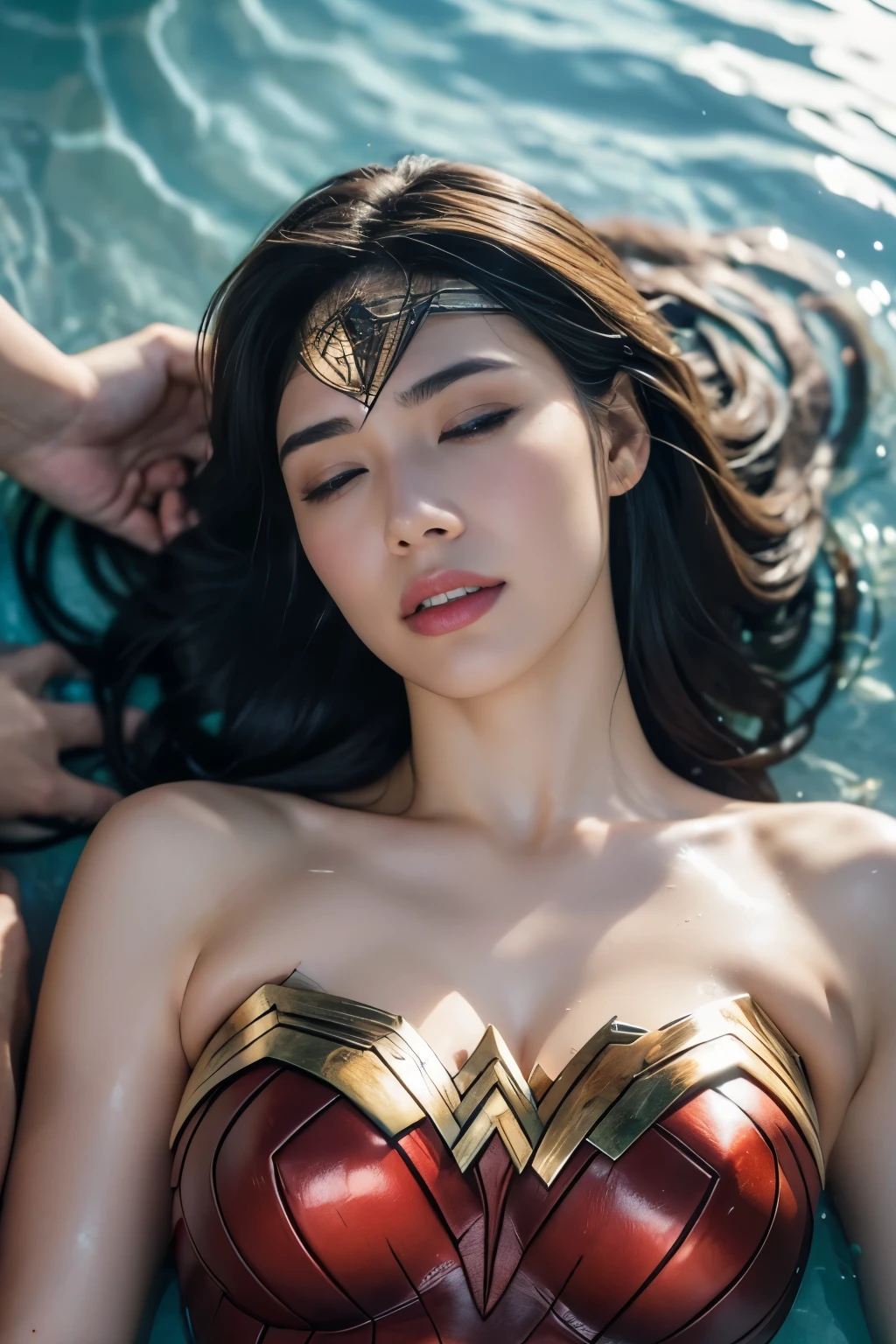 in water,perfect wonder woman costume,whole body,Having your head held down under water,Being submerged in a pool,Drowning in the pool,Face submerged in water,in waterに潜る,Submerge your face in water,In the pool,Inside the fountain,Soaked in water,Soaking wet wonder woman,sleeping face,Close ~ eyes,open your mouth,tired face,face of suffering,sleeping face,Soaking wet hair,Soaked Hair,wet body,fight the men,surrounded by men,,caught between men,Being licked by men,Intertwining with men, Attacked by men,assaulted by men,Being bullied by guys,being sexually abused by a man,Captured by a man,Being detained by a man、touch your face,、Hair is pulled hard,My head is grabbed,Grab my head,brown hair,  masterpiece、beautiful girl、fine 目、puffy eyes、highest quality, 超High resolution, (reality: 1.4), movie lighting,super beautiful、beautiful skin、(超reality的な)、(High resolution)、(8K)、(very detailed)、(beautiful and fine 目)、(Super detailed)、 detailed face、slanted bangeshi hair、brown hair、20-year-old、Wonder Woman Cosplay