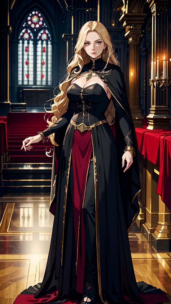 dark soul, dim light, old church, mature woman, slim, expensive, long blonde curly hair, long black cloak, red leotard long skirt, long skirt with diamonds, gold bracelet, 8K, official style, european aristocracy,