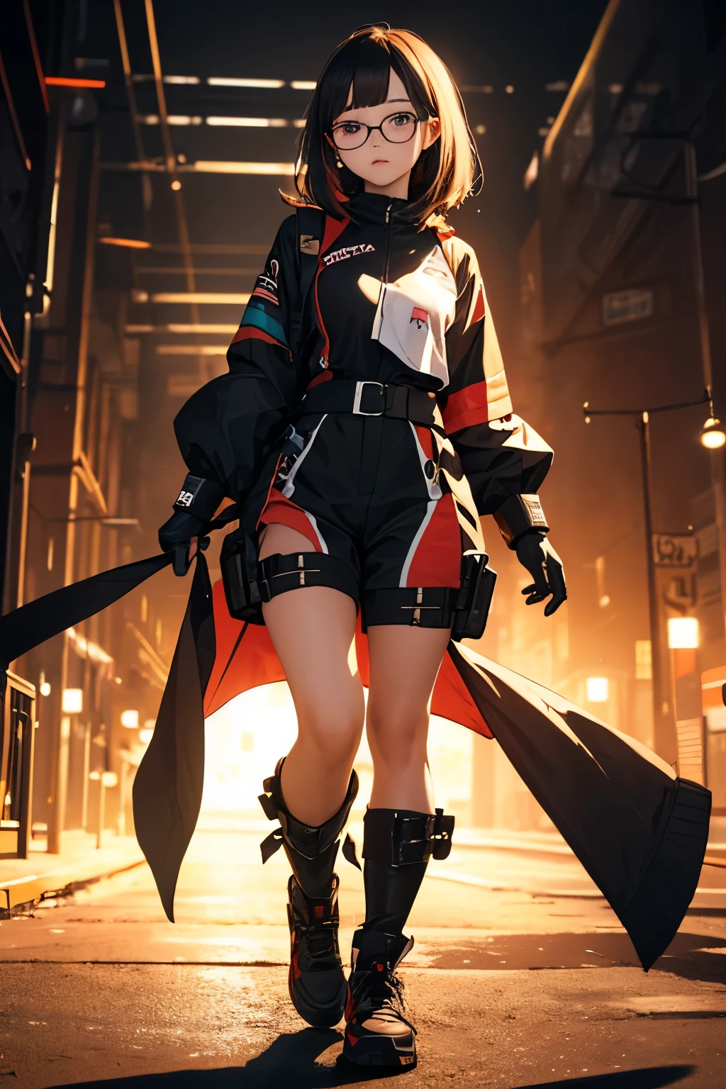 Wide angle shot, full body image, beautiful female fighter, wearing large glasses, black undercut hair, wearing large iron gloves, Wear a playsuit