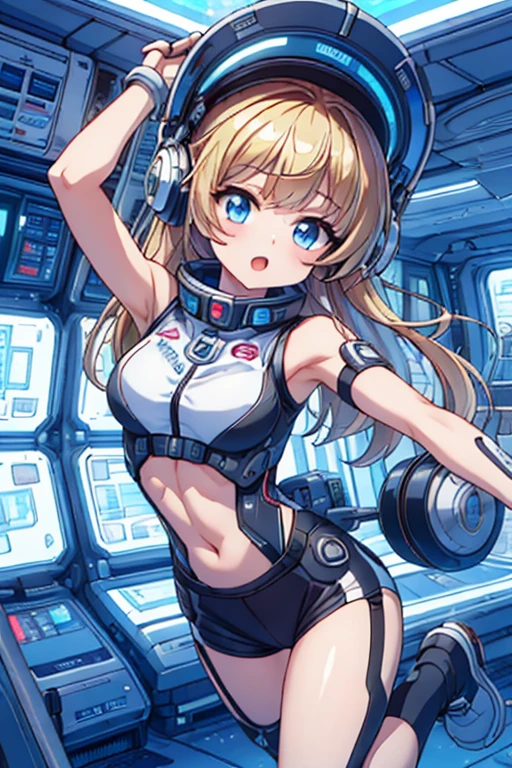 top-quality,Top image quality,In 8K,4k,masterpiece,ultra-detailliert,beautiful,ultra-quality, best quality,expensive solve, ultra-be familiar with,game cg,dutch angle,(acrobatic pose):5,jumping:5,(inside spacestation,)beautiful be familiar with eye,five refer to,headphone,NSFW,a beauty girl,(astro vest):5,(tracking unishapes),Wet,(vapor:1.5),Running shape,Open Open mouth,(blonde hair),(long hair):2,belly button,space_station_interior, exercise_room, futuristic, expensive_technology, zero_gravity_exercise_device, expensive_solve_landscape, Sophisticated_design, minimalistic, 8K_solve, game_cg_style, Dutch_angle, be familiar with_character, tracking_unishape, perfection_running_shape, intense_Performance, be familiar with_eye, Decide, vapor:1.5, beauty, strength, five_refer to, appear_belly button, Open_mouth, ultra_quality, expensive_solve, ultra_be familiar with,astro vest