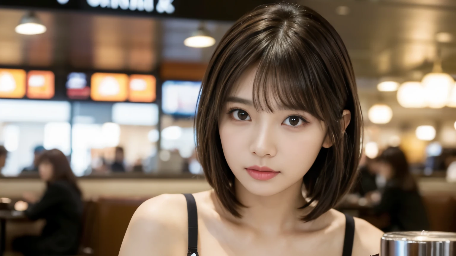 (masterpiece, Super detailed, very detailed, exquisite, 16k, confused), woman, 19 years old, glamorous, (Refreshing breeze:1.4), looking at the viewer, short hair, messy hair, diagonal bangs, brown hair, brown eyes, Upper body, cinematic lighting, Blurry background in focus, Airport Cafe, Airport Cafeでフライトを待つ, Before leaving for overseas travel 