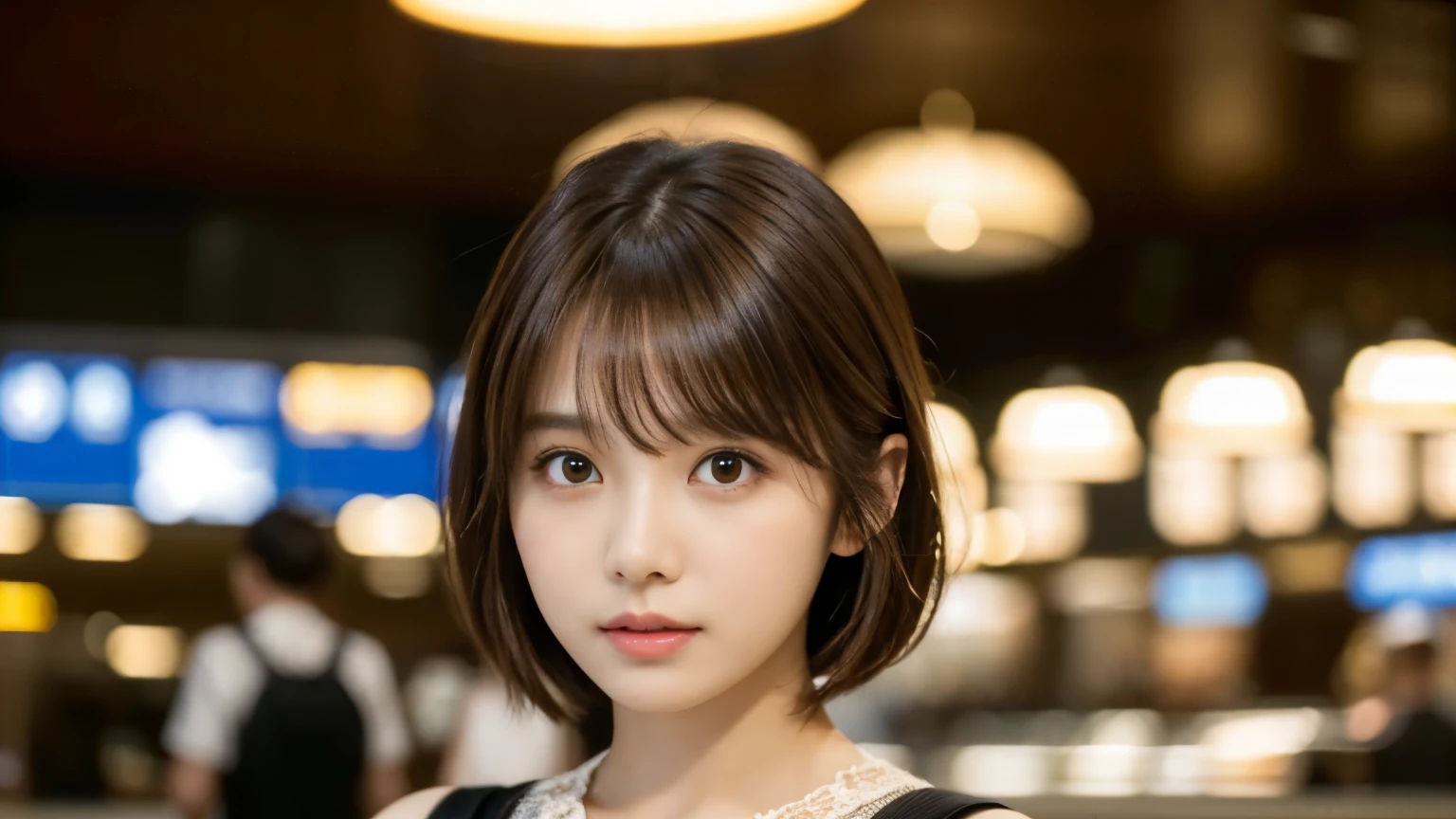 (masterpiece, Super detailed, very detailed, exquisite, 16k, confused), woman, 19 years old, glamorous, (Refreshing breeze:1.4), looking at the viewer, short hair, messy hair, diagonal bangs, brown hair, brown eyes, Upper body, cinematic lighting, Blurry background in focus, Airport Cafe, Airport Cafeでフライトを待つ, Before leaving for overseas travel