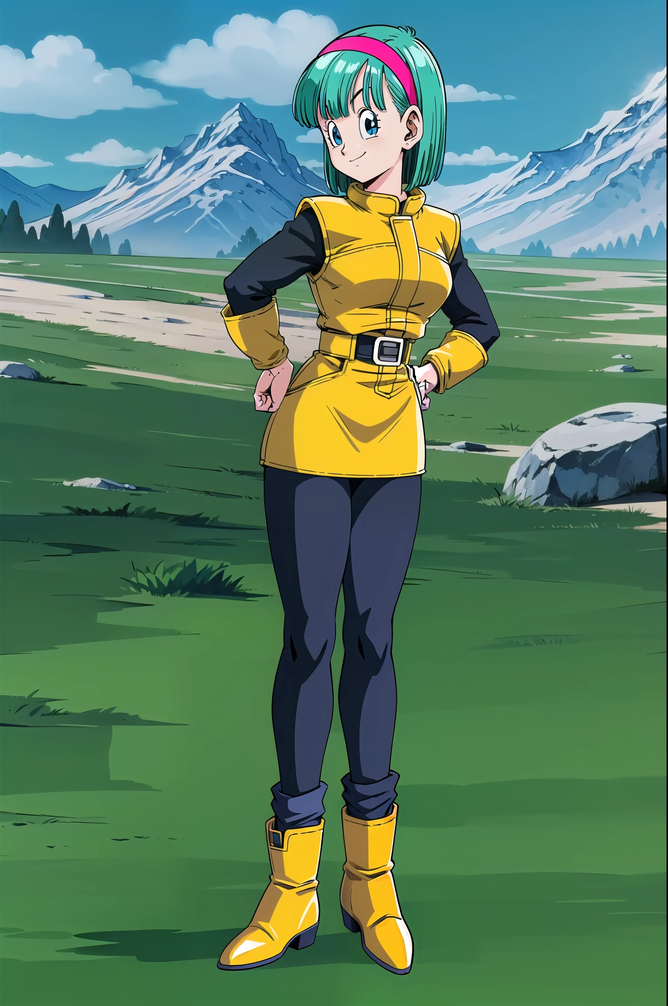 namek saga, bulma, 1girl, solo, breasts, looking at viewer, smile, short hair, blue eyes, yellow dress, standing, full body, pantyhose, outdoors, sky, belt, cloud, black pantyhose, aqua hair, green sky, namek background, hands on hips, mountain, red hairband, yellow boots, socks, blue grass, long sleeves
 
