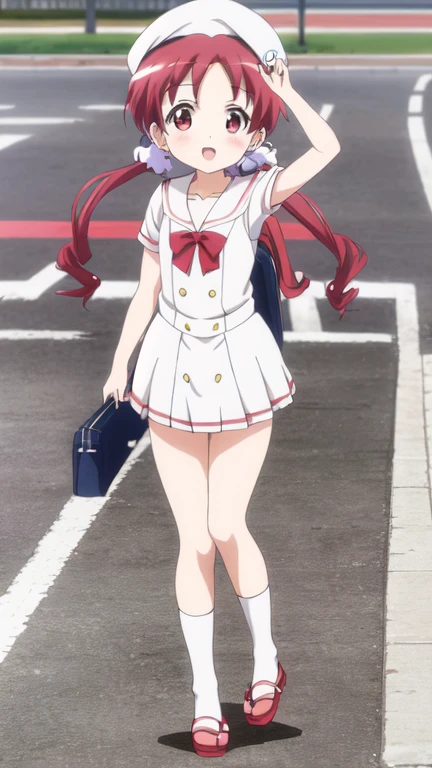 natsu megumi, 8K, masterpiece, disorganized, anime,(Cute summer clothes)white beret,Chibi,beautiful hair, beautiful face, fine and beautiful eyes, beautiful clavicle, beautiful body, beautiful feet, beautiful fingers, (beautiful scenery), Are standing, (smile, open your mouth),watching the audience,