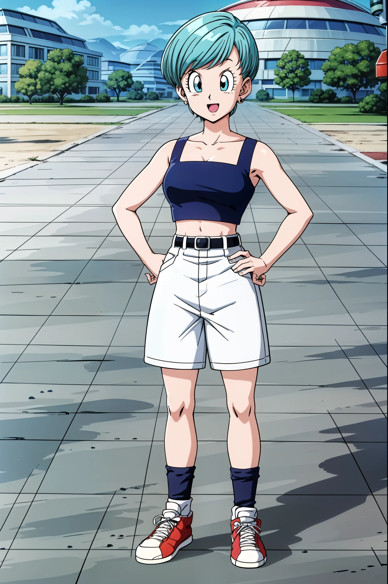 saiyan saga, bulma, short hair, aqua hair, blue eyes, 1girl, solo, breasts, looking at viewer, smile, open mouth, blue tube top, shirt tucked in, cleavage, standing, midriff, selfie, earrings, outdoors, white shorts, day, socks, belt, hand on hip, sneakers, beach, ocean, retro artstyle, loose socks,