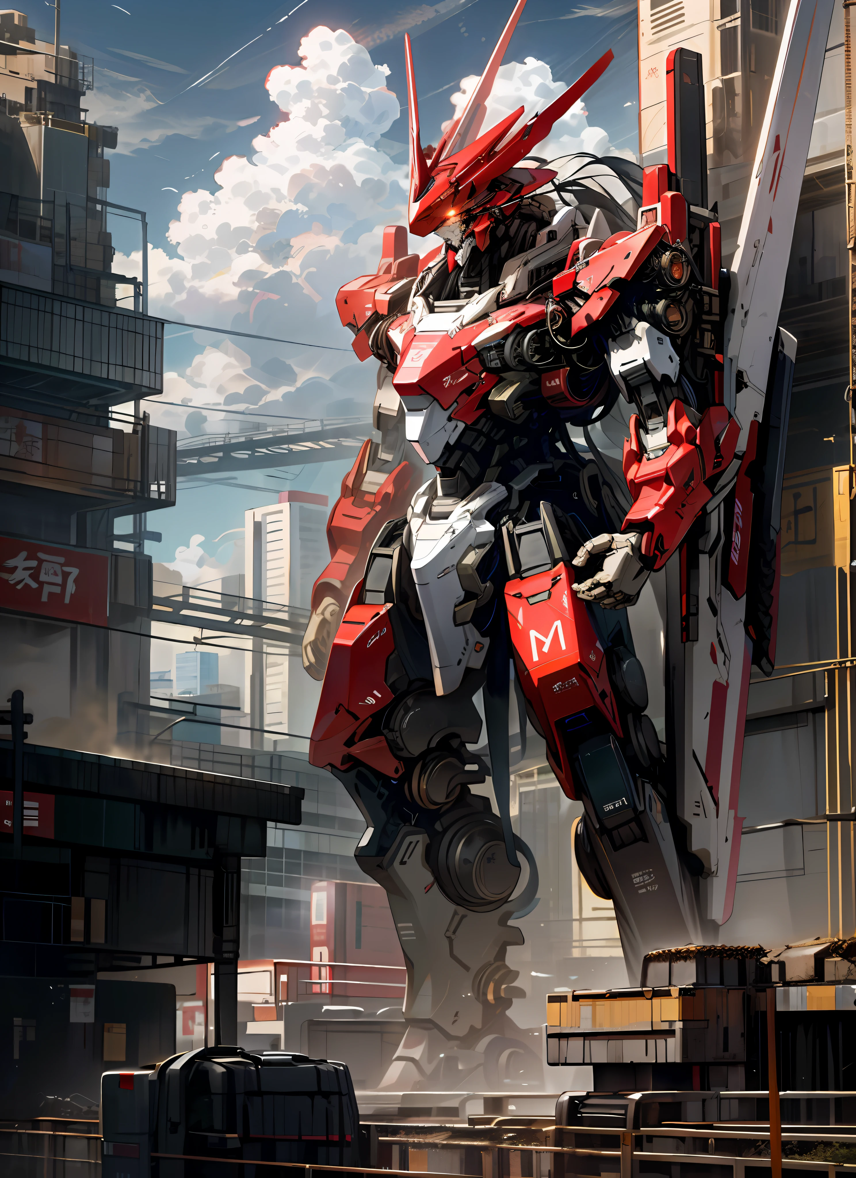 Sky, nuvem, segurando arma, sem humanos, brilhante, Red robot, building, mecha vermelho, Science fiction, cidade, realista, mecha vermelho
