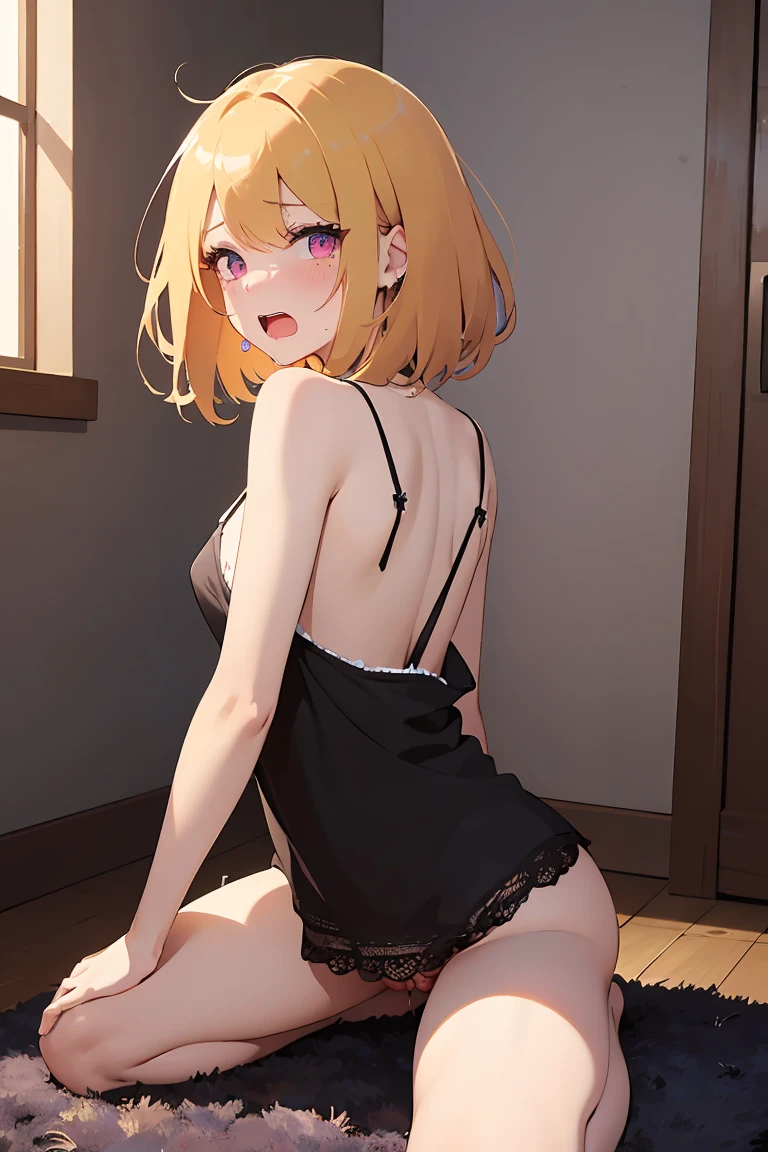 masterpiece, absurdres, best quality, ultra detailed, high Resolution, detailed illustration, bright colour, (extremely beautiful detailed face and eyes, Delicate beautiful face, 1 girl, cute face:1.3), (magenta eyes:1.1), sparkling eyes, big eyes, medium breasts, (perky breasts:1.1), (pointy breasts:1.1), medium hips, glamorous body, white skin, BREAK, long bob cut, (blonde hair:0.8), messy hair, detailed hair, shiny hair, BREAK (undressed, long camisole:1.5), (SEX, vagina, Masturbation:1.3), perfect lighting, (embarrassed:1.5), (ecstasy, vulgarity:1.5), (trembling:0.8), On all fours, From the back,