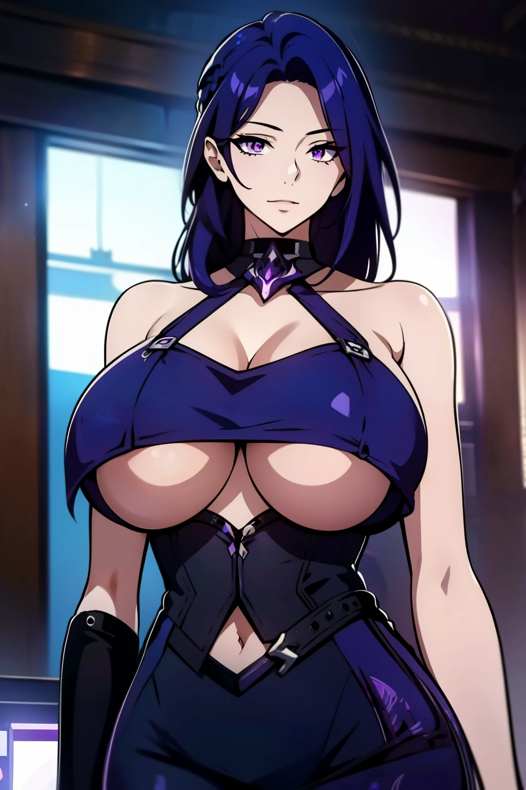 An anime-style artwork depicting acheron from the game Honkai star rail.
Tags: acheronhsr, anime, detailed eyes, detailed lips, black crop top, black turtleneck, black pencil skirt, smiling expression, intense gaze, glowing emblem on hand, dynamic pose, mystical background, vibrant colors, digital art, high-resolution, professional quality, gigantic breasts, (underboob : 1.4), curvy, cowboy shot, (gigantic breasts: 1.4), (purple eyes: 1.4), (blue hair: 1.6), short hair